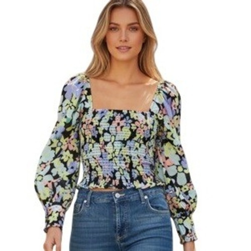 Free People Floral Puff Sleeve Women's size XS Smocked Summer Beachy Cottage Top